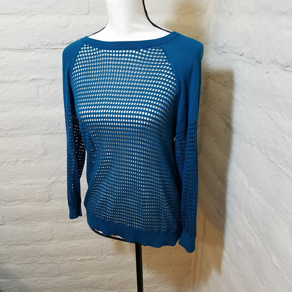EXPRESS OPEN KNIT MESH TEAL BLUE SWEATER SMALL - Picture 2 of 5